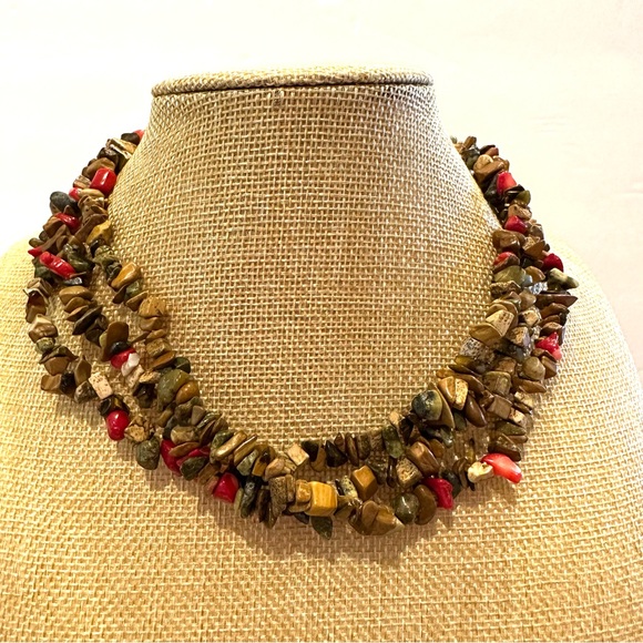Multi-color Genuine Gemstone Necklace- multistrand chipped brown, green, red - Picture 2 of 8